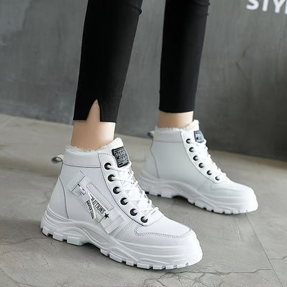 [Warm Fleece-Lined Winter Boots] Warm Fleece-Lined Women's Winter High-Top Boots - Thick Rubber Sole, Lace-Up Casual Style, White & Beige, Perfect for Cold Weather Comfort Badiee Stylez
