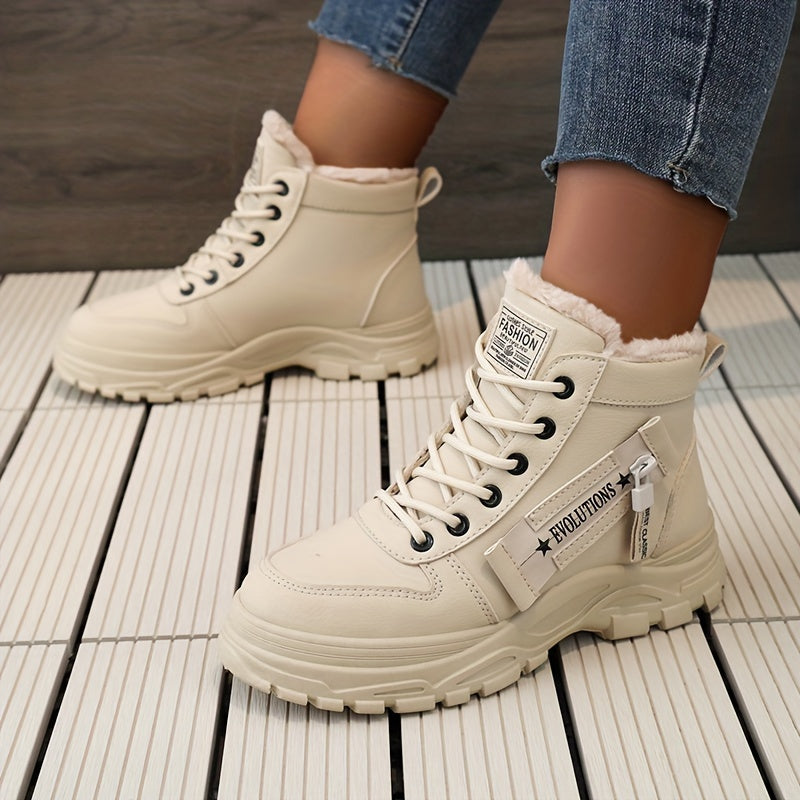 [Warm Fleece-Lined Winter Boots] Warm Fleece-Lined Women's Winter High-Top Boots - Thick Rubber Sole, Lace-Up Casual Style, White & Beige, Perfect for Cold Weather Comfort Badiee Stylez