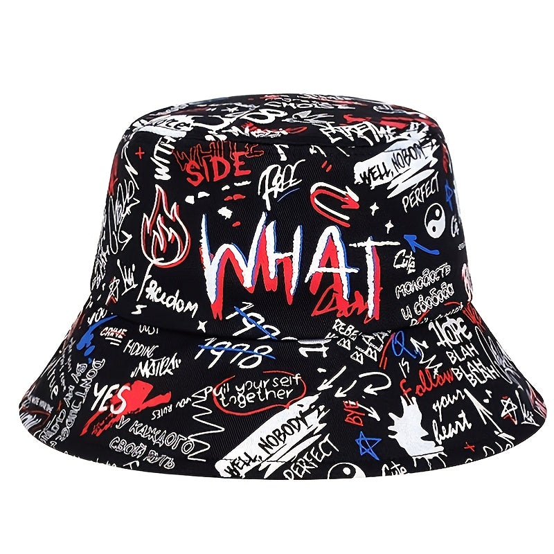 1 Men's "What" Graffiti-Style Bucket Hat - Streetwear Polyester, Hand-Washable, Black with Colorful Typography & Graphics, Perfect for Trendy Outfits Badiee Stylez
