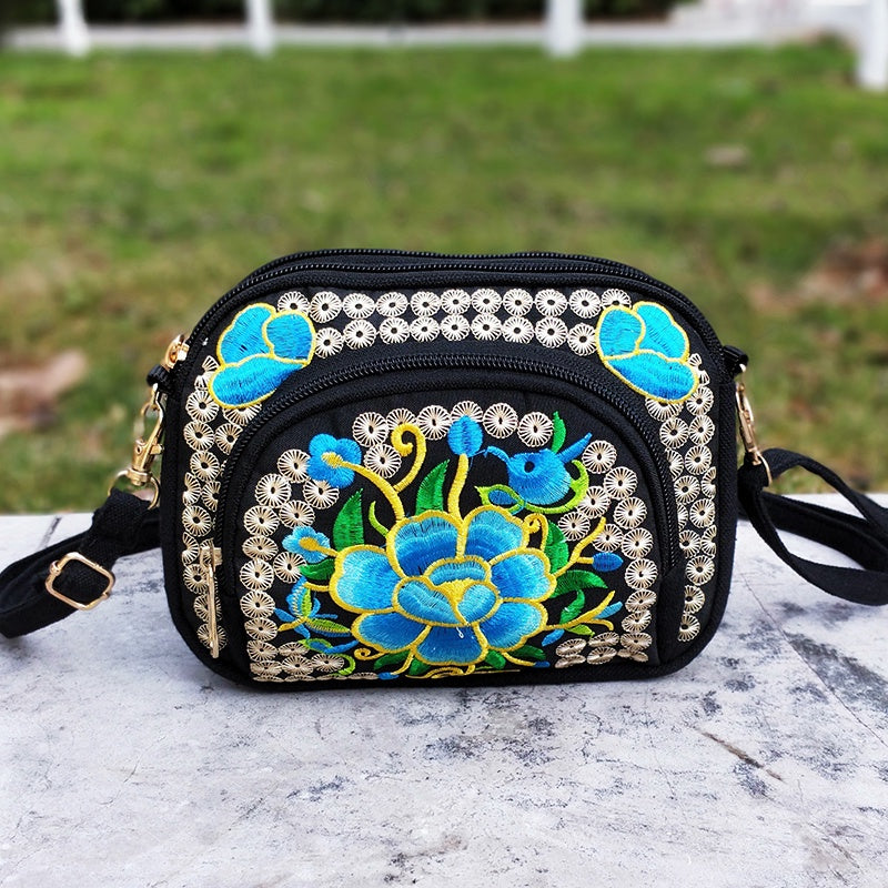 Vibrant Floral Embroidered Crossbody Bag for Women - Lightweight, Double-Sided Design with Detachable Strap, Zipper Closure, and Phone Pocket - Perfect for Casual Outings, Travel Accessory | Vibrant Pattern Bag | Coin Purse Badiee Stylez