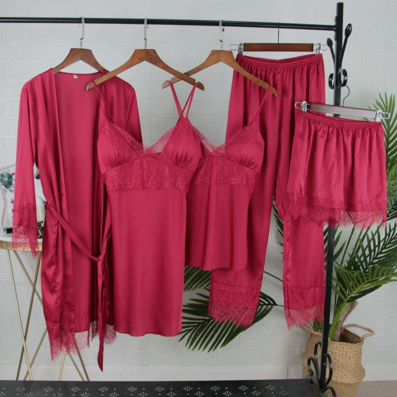 White 5PCS Sleep Set Pajamas Lady Lace Satin Pyjamas Kimono Bath Gown Loose Sleepwear Home Cloting V-Neck Casual Nightwear