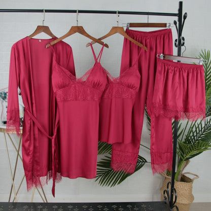 White 5PCS Sleep Set Pajamas Lady Lace Satin Pyjamas Kimono Bath Gown Loose Sleepwear Home Cloting V-Neck Casual Nightwear