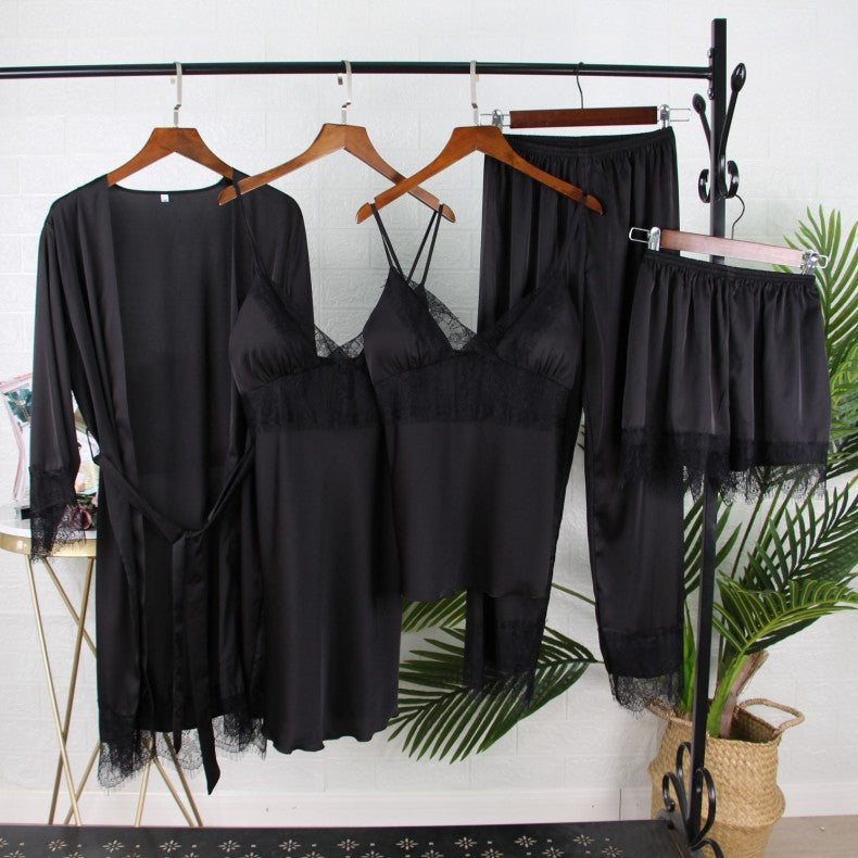 White 5PCS Sleep Set Pajamas Lady Lace Satin Pyjamas Kimono Bath Gown Loose Sleepwear Home Cloting V-Neck Casual Nightwear