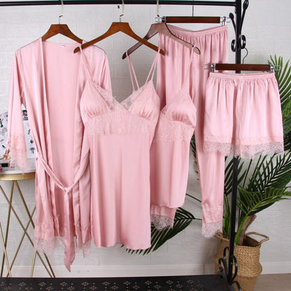 White 5PCS Sleep Set Pajamas Lady Lace Satin Pyjamas Kimono Bath Gown Loose Sleepwear Home Cloting V-Neck Casual Nightwear