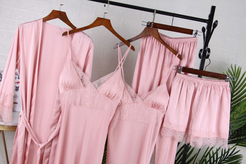 White 5PCS Sleep Set Pajamas Lady Lace Satin Pyjamas Kimono Bath Gown Loose Sleepwear Home Cloting V-Neck Casual Nightwear