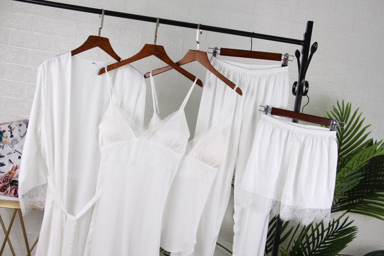 White 5PCS Sleep Set Pajamas Lady Lace Satin Pyjamas Kimono Bath Gown Loose Sleepwear Home Cloting V-Neck Casual Nightwear