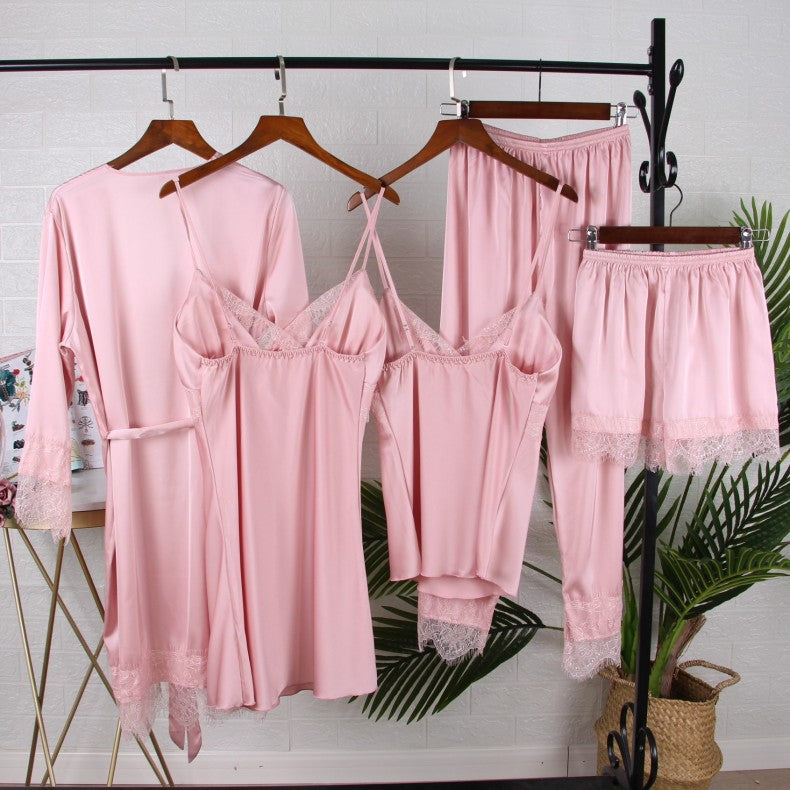 White 5PCS Sleep Set Pajamas Lady Lace Satin Pyjamas Kimono Bath Gown Loose Sleepwear Home Cloting V-Neck Casual Nightwear