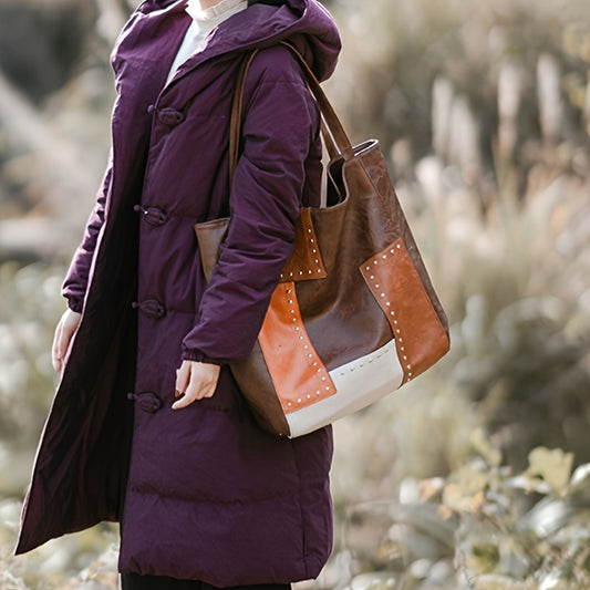 Vintage Patchwork Tote Bag, Retro Colorblock Shoulder Bag, Handbag Badiee Stylez