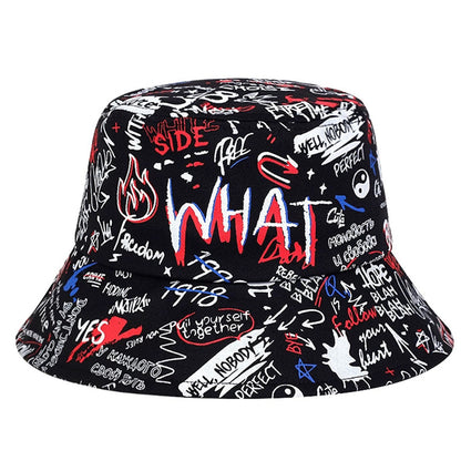 1 Men's "What" Graffiti-Style Bucket Hat - Streetwear Polyester, Hand-Washable, Black with Colorful Typography & Graphics, Perfect for Trendy Outfits Badiee Stylez