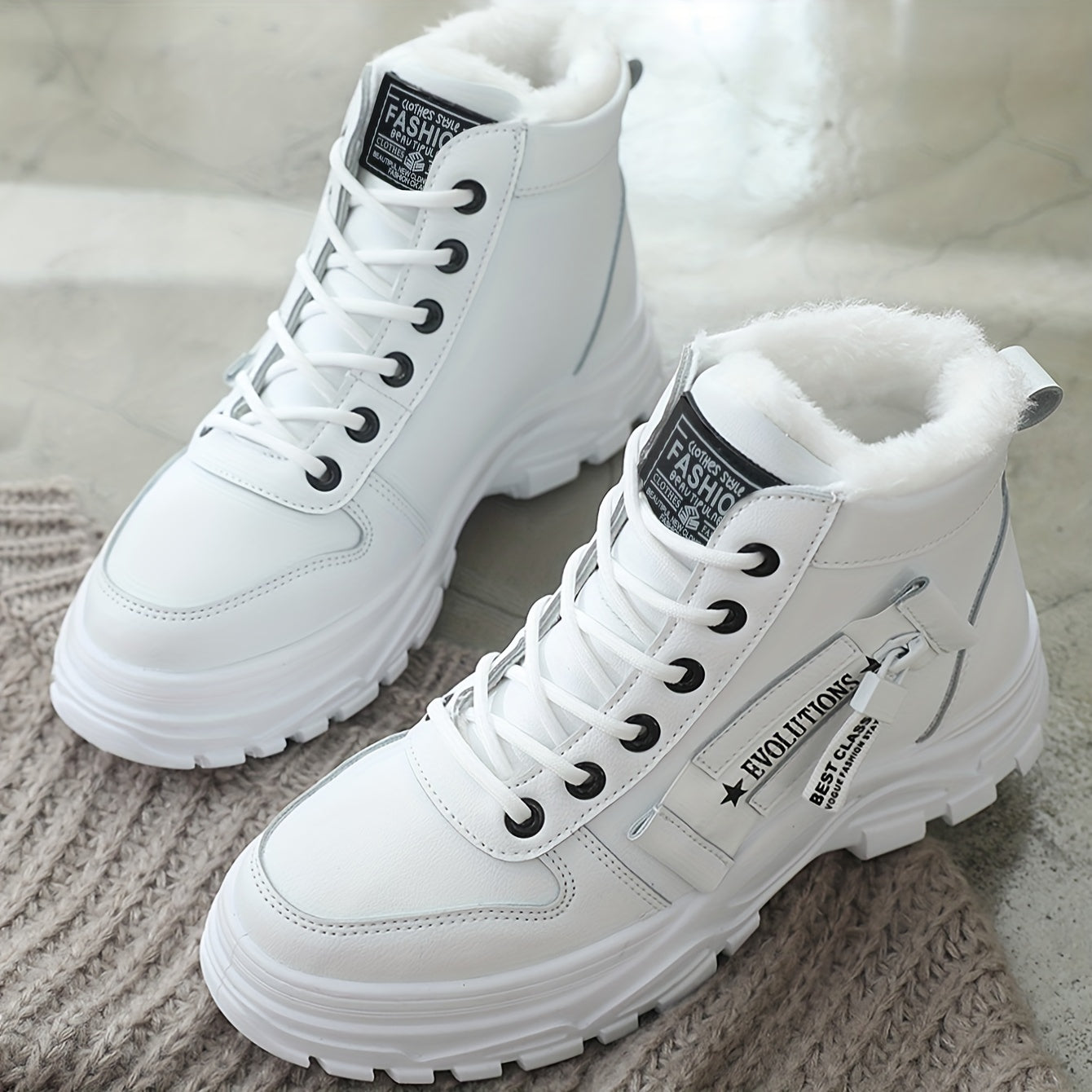 [Warm Fleece-Lined Winter Boots] Warm Fleece-Lined Women's Winter High-Top Boots - Thick Rubber Sole, Lace-Up Casual Style, White & Beige, Perfect for Cold Weather Comfort Badiee Stylez