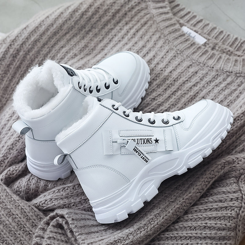 [Warm Fleece-Lined Winter Boots] Warm Fleece-Lined Women's Winter High-Top Boots - Thick Rubber Sole, Lace-Up Casual Style, White & Beige, Perfect for Cold Weather Comfort Badiee Stylez