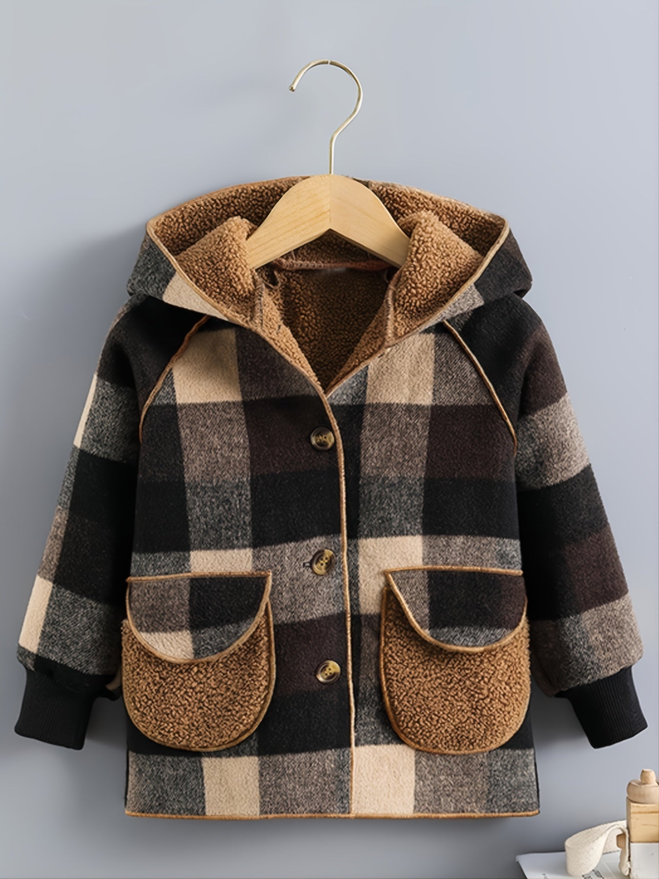 Boys' Long Sleeve Plaid Fleece-Lined Jacket with Button Front & Pockets - Cozy Fall/Winter Warmth, Casual Cardigan Collar, Brown/ Tartan Pattern, Machine Washable For Outdoor Play & Casual Attire, Winter Jacket For Boys, Fall Badiee Stylez