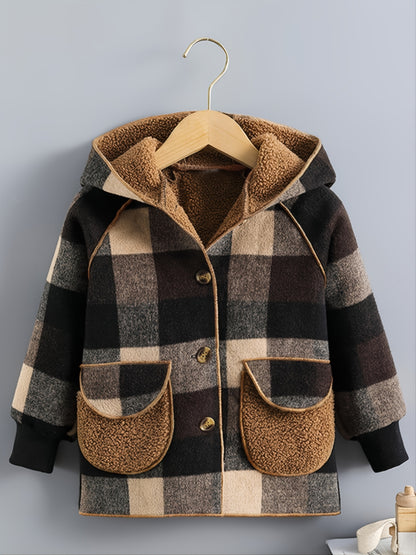 Boys' Long Sleeve Plaid Fleece-Lined Jacket with Button Front & Pockets - Cozy Fall/Winter Warmth, Casual Cardigan Collar, Brown/ Tartan Pattern, Machine Washable For Outdoor Play & Casual Attire, Winter Jacket For Boys, Fall Badiee Stylez