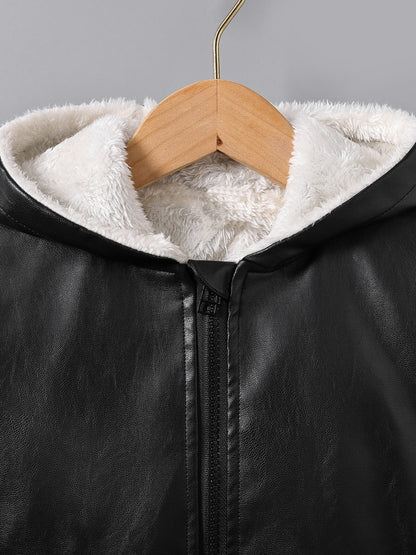 Boys' Faux Leather Jacket with Fleece Lining - Thickened Winter Coat, Full-Zip Front Closure, Machine Washable, Casual Style for Fall/Winter, Regular Fit Badiee Stylez