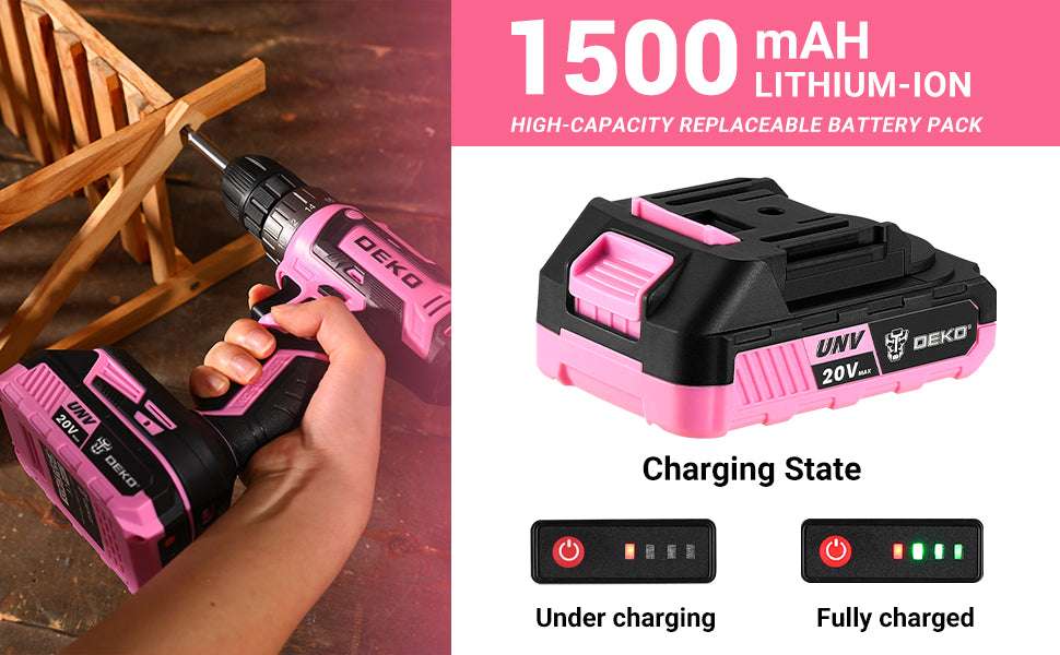 Power Drill Cordless: DEKO Pink Cordless Drill 20V Electric Power Drill Set Tool for Women