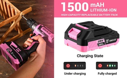 Power Drill Cordless: DEKO Pink Cordless Drill 20V Electric Power Drill Set Tool for Women
