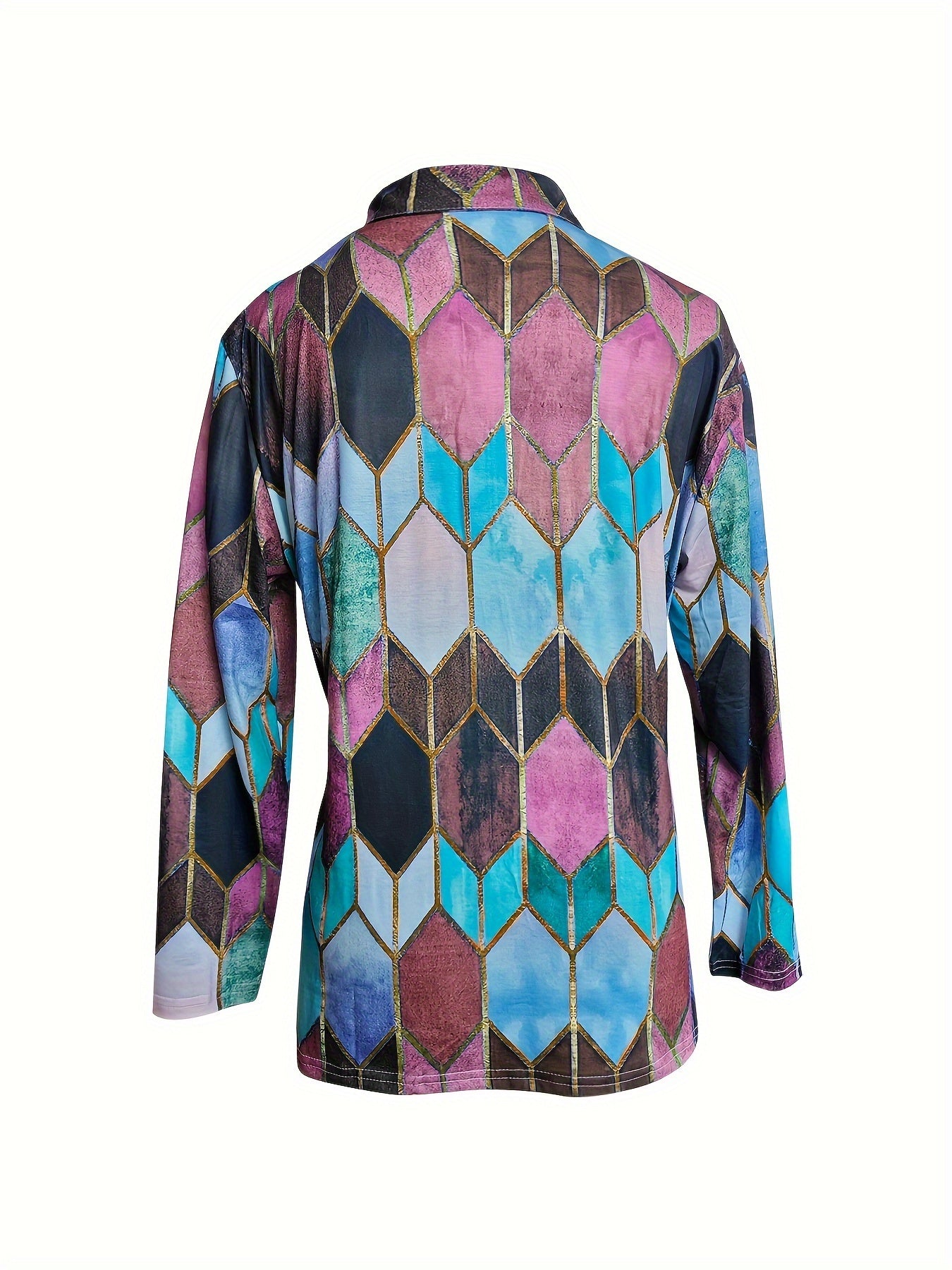 Full-Zip Jacket - Multicolor Geometric Zipper Front, Turquoise/Pink/Black/Golden/Beige/Brown, High-Stretch Casual Blazer, Machine Washable All-Season Outerwear for Smart-Casual & Formal Events (Full-Zip Closure) Badiee Stylez
