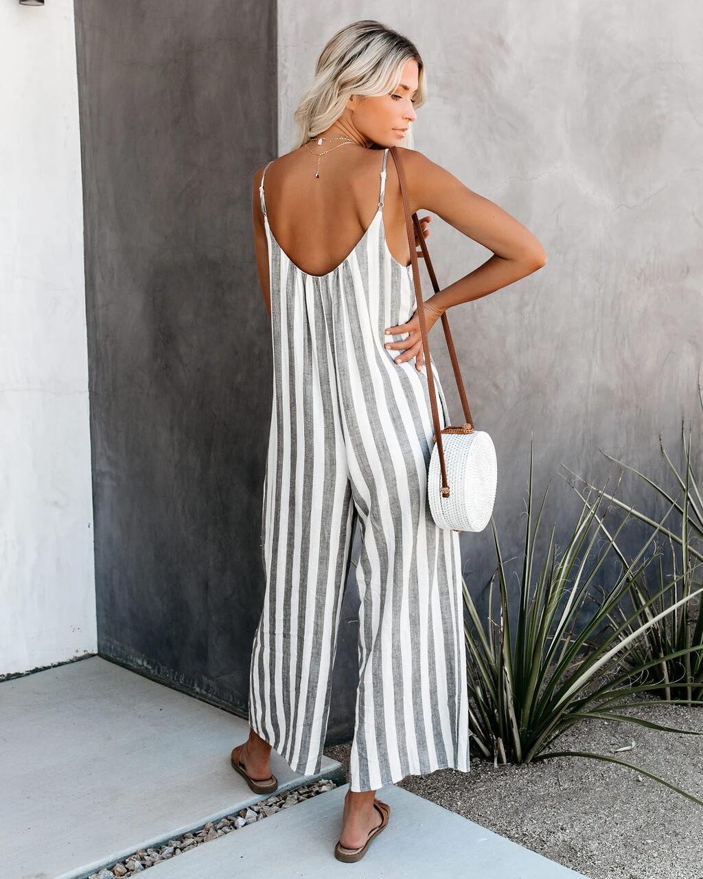 Summer Women Elegant Backless Sexy Striped Romper with Wide Legs Badiee Stylez