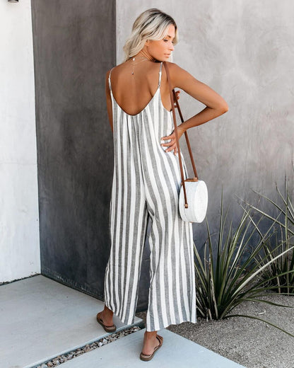 Summer Women Elegant Backless Sexy Striped Romper with Wide Legs Badiee Stylez