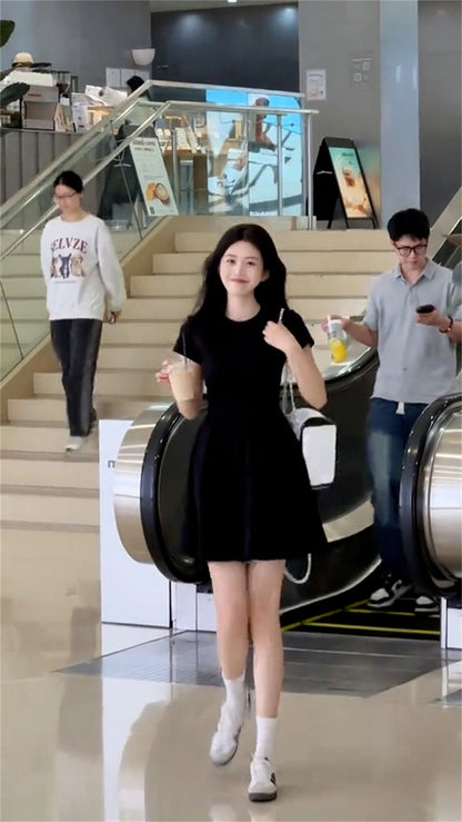 Women's Petite Black Summer Dress Round Collar Short Sleeve Slimming A-Line Mini Streetwear French Elegant LBD for Juniors