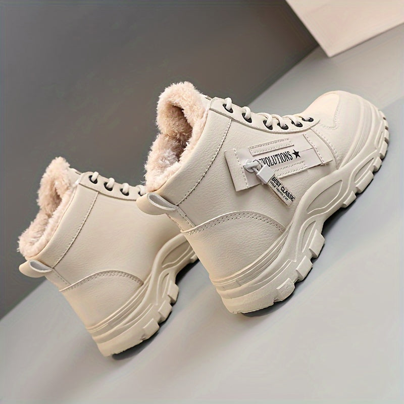 [Warm Fleece-Lined Winter Boots] Warm Fleece-Lined Women's Winter High-Top Boots - Thick Rubber Sole, Lace-Up Casual Style, White & Beige, Perfect for Cold Weather Comfort Badiee Stylez