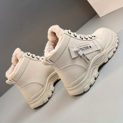 [Warm Fleece-Lined Winter Boots] Warm Fleece-Lined Women's Winter High-Top Boots - Thick Rubber Sole, Lace-Up Casual Style, White & Beige, Perfect for Cold Weather Comfort Badiee Stylez