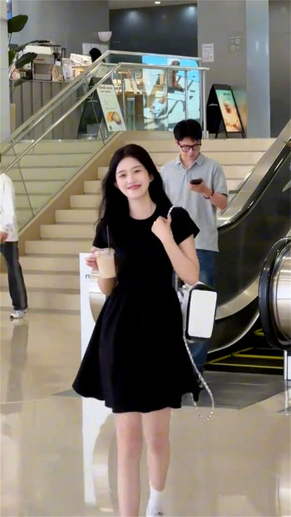 Women's Petite Black Summer Dress Round Collar Short Sleeve Slimming A-Line Mini Streetwear French Elegant LBD for Juniors