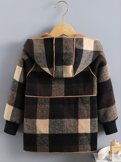 Boys' Long Sleeve Plaid Fleece-Lined Jacket with Button Front & Pockets - Cozy Fall/Winter Warmth, Casual Cardigan Collar, Brown/ Tartan Pattern, Machine Washable For Outdoor Play & Casual Attire, Winter Jacket For Boys, Fall Badiee Stylez