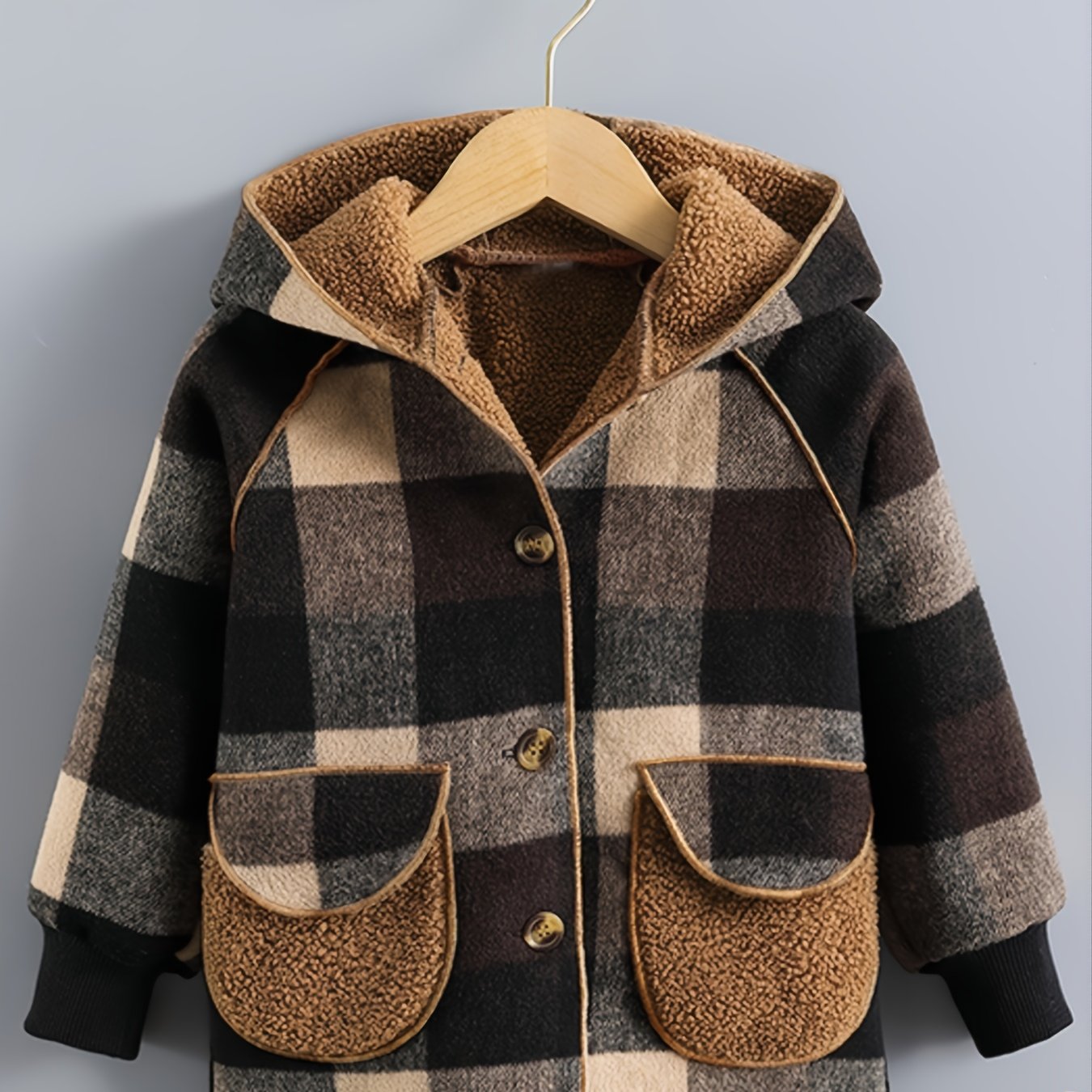 Boys' Long Sleeve Plaid Fleece-Lined Jacket with Button Front & Pockets - Cozy Fall/Winter Warmth, Casual Cardigan Collar, Brown/ Tartan Pattern, Machine Washable For Outdoor Play & Casual Attire, Winter Jacket For Boys, Fall Badiee Stylez