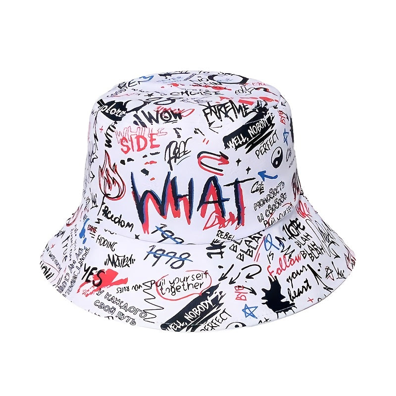 1 Men's "What" Graffiti-Style Bucket Hat - Streetwear Polyester, Hand-Washable, Black with Colorful Typography & Graphics, Perfect for Trendy Outfits Badiee Stylez