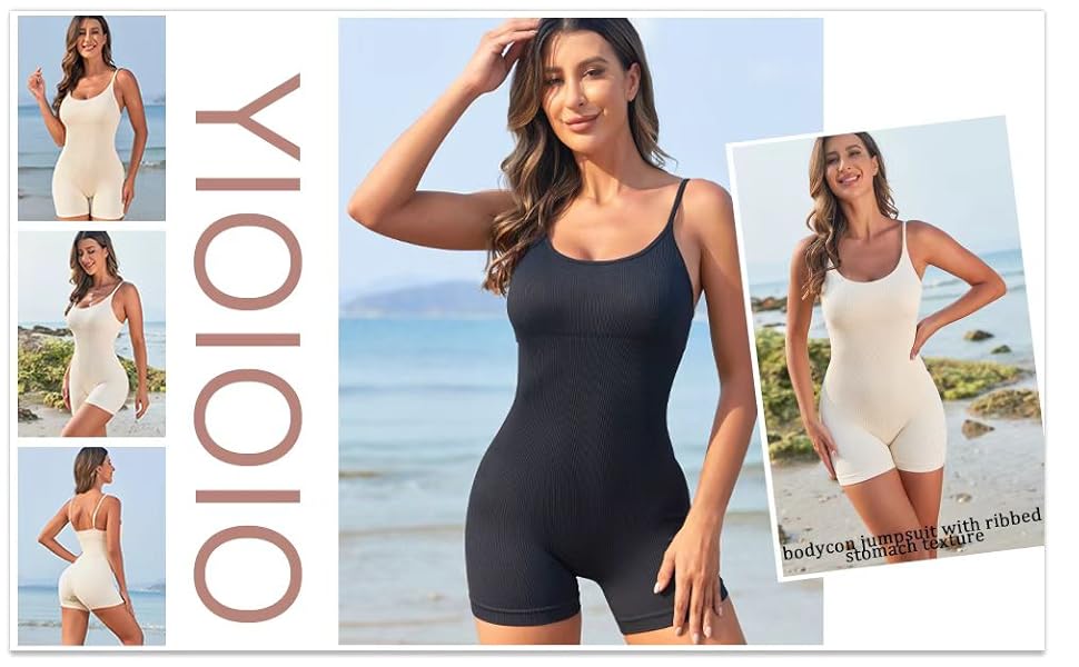 Women Workout Seamless Jumpsuit Yoga Ribbed Bodycon One Piece Spaghetti Strap Shorts Romper