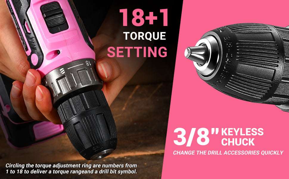 Power Drill Cordless: DEKO Pink Cordless Drill 20V Electric Power Drill Set Tool for Women