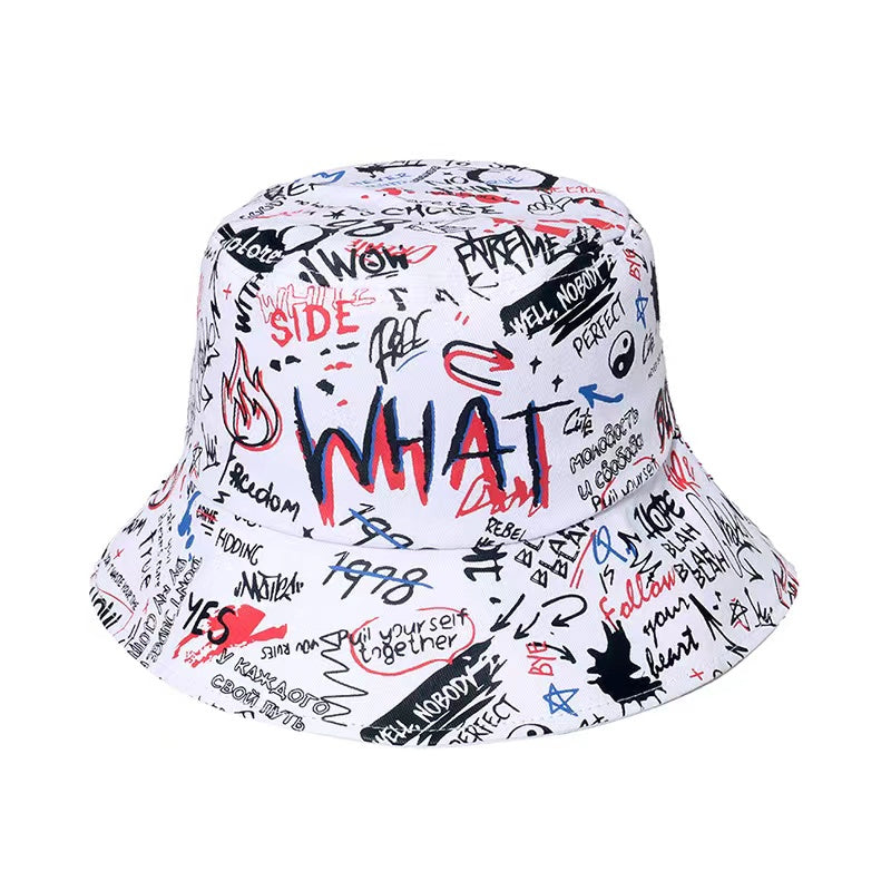 1 Men's "What" Graffiti-Style Bucket Hat - Streetwear Polyester, Hand-Washable, Black with Colorful Typography & Graphics, Perfect for Trendy Outfits Badiee Stylez