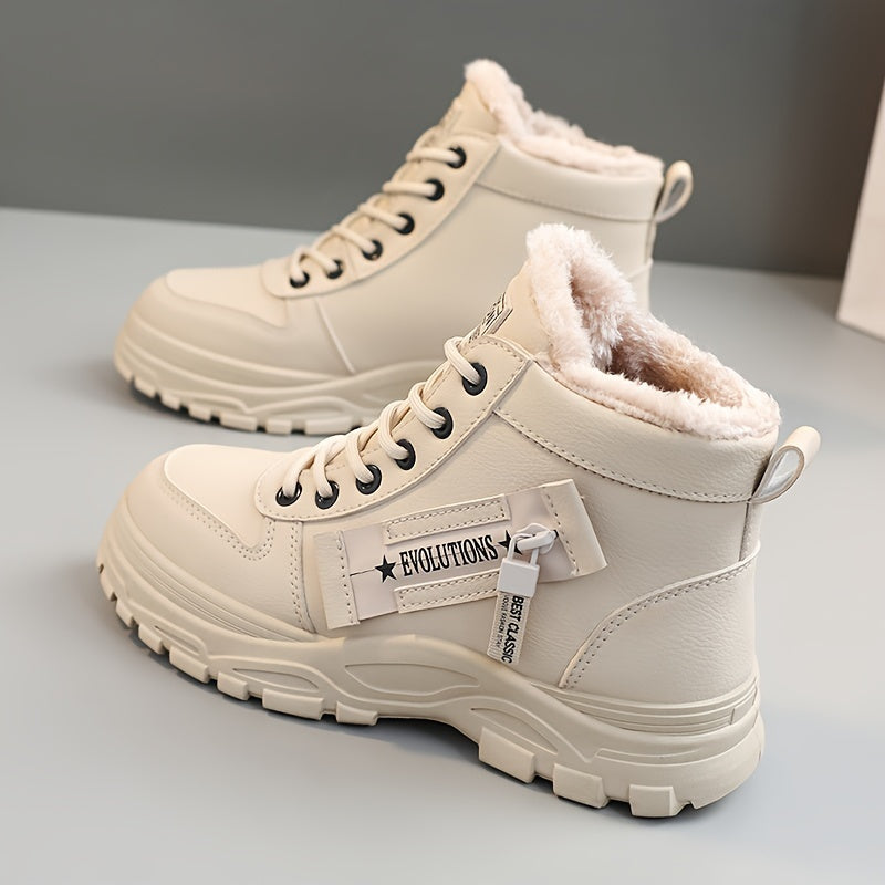 [Warm Fleece-Lined Winter Boots] Warm Fleece-Lined Women's Winter High-Top Boots - Thick Rubber Sole, Lace-Up Casual Style, White & Beige, Perfect for Cold Weather Comfort Badiee Stylez