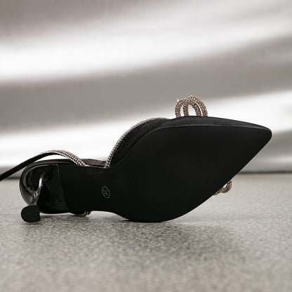 [Rhinestone Heels] Rhinestone High Heels | Women's Solid Color Slingback Pointed Toe Pumps, Ankle Straps, Wedding Dress Heels for Music Festival Badiee Stylez