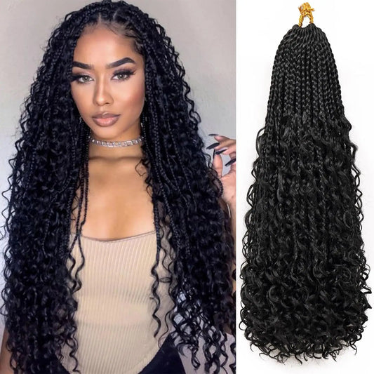 Synthetic Goddess Box Braids Crochet Hair With Curly Ends, Pre Looped Bohomian Crochet Box Braiding Hair Extensions for Women 1B 1Pcs Lot