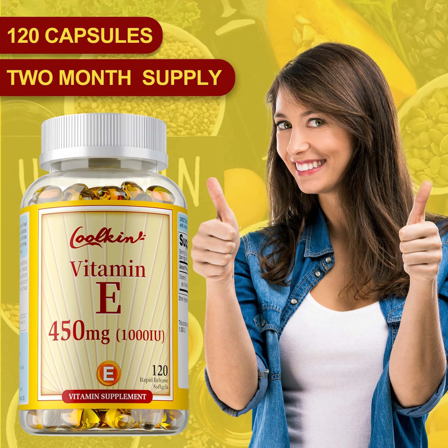 Vitamin E Capsules 450mg - Skin Firming, Wrinkle Reduction, Anti-aging, Antioxidant - 120 Capsules