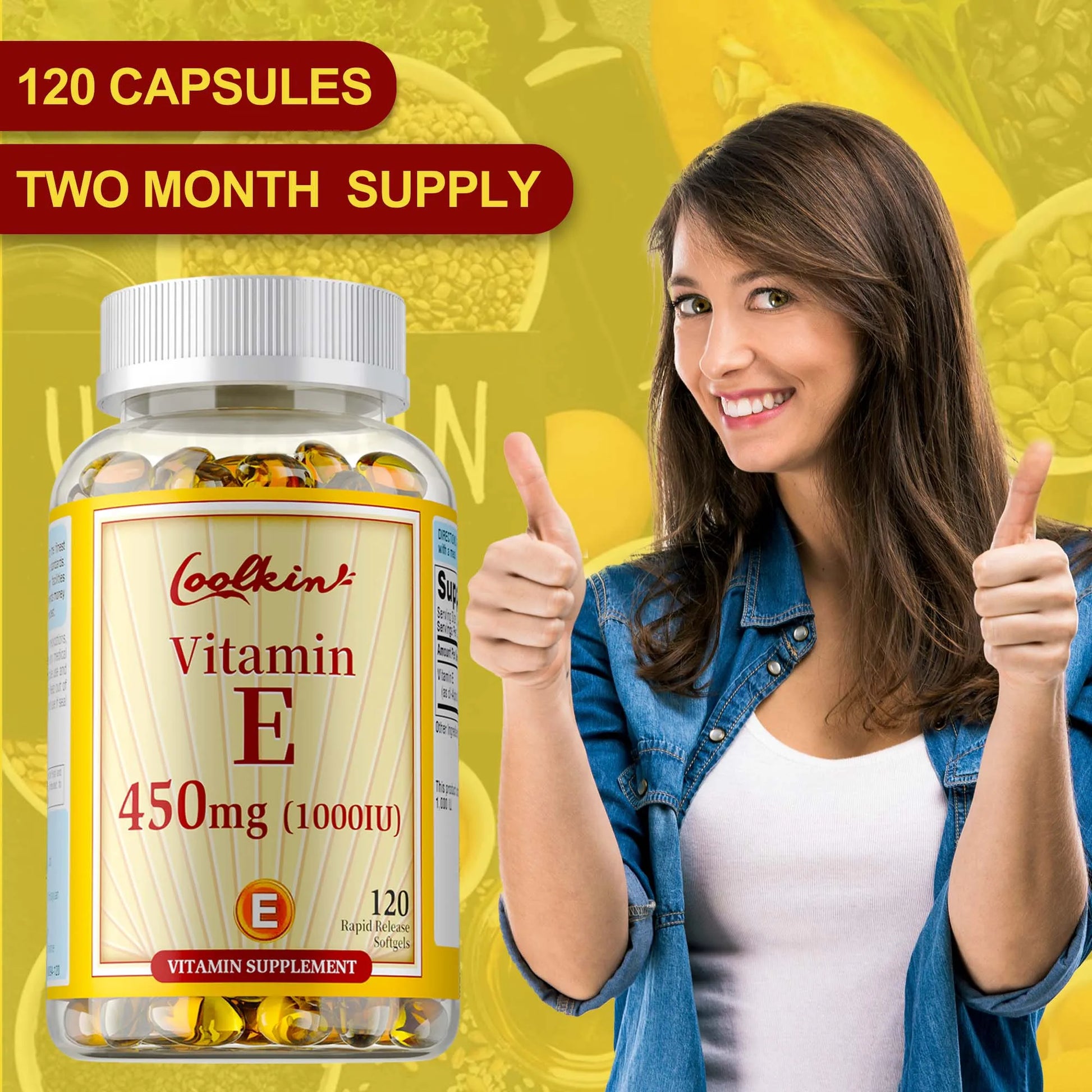 Vitamin E Capsules 450mg - Skin Firming, Wrinkle Reduction, Anti-aging, Antioxidant - 120 Capsules