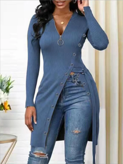 New European and American Women's V-neck Long Sleeve High Slit Threaded Zipper T-shirt Tops