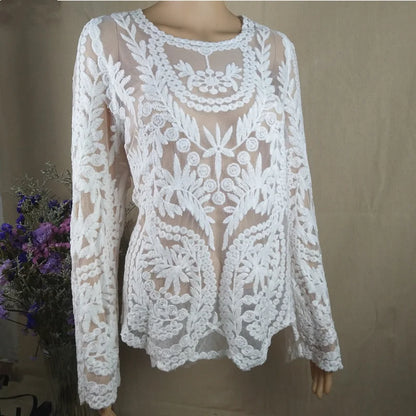 Loose Tops Ladies Spring Summer Sexy Transparent Beach Cover Up Hollow Out Crochet Lace Shirt Women Long Sleeve Lace Blouses white