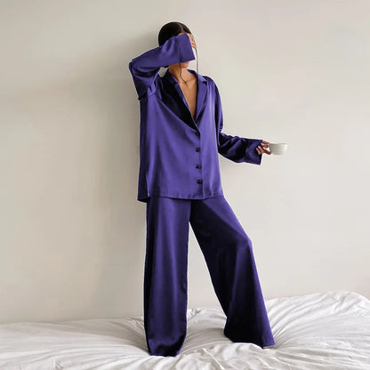 NHKDSASA Oversized Satin Silk Sleepwear Low Cut Sexy Pajamas For Women Single-Breasted Long Sleeves Wide Leg Pants Trouser Suits PURPLE