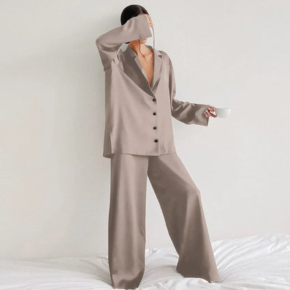 NHKDSASA Oversized Satin Silk Sleepwear Low Cut Sexy Pajamas For Women Single-Breasted Long Sleeves Wide Leg Pants Trouser Suits Light Brown