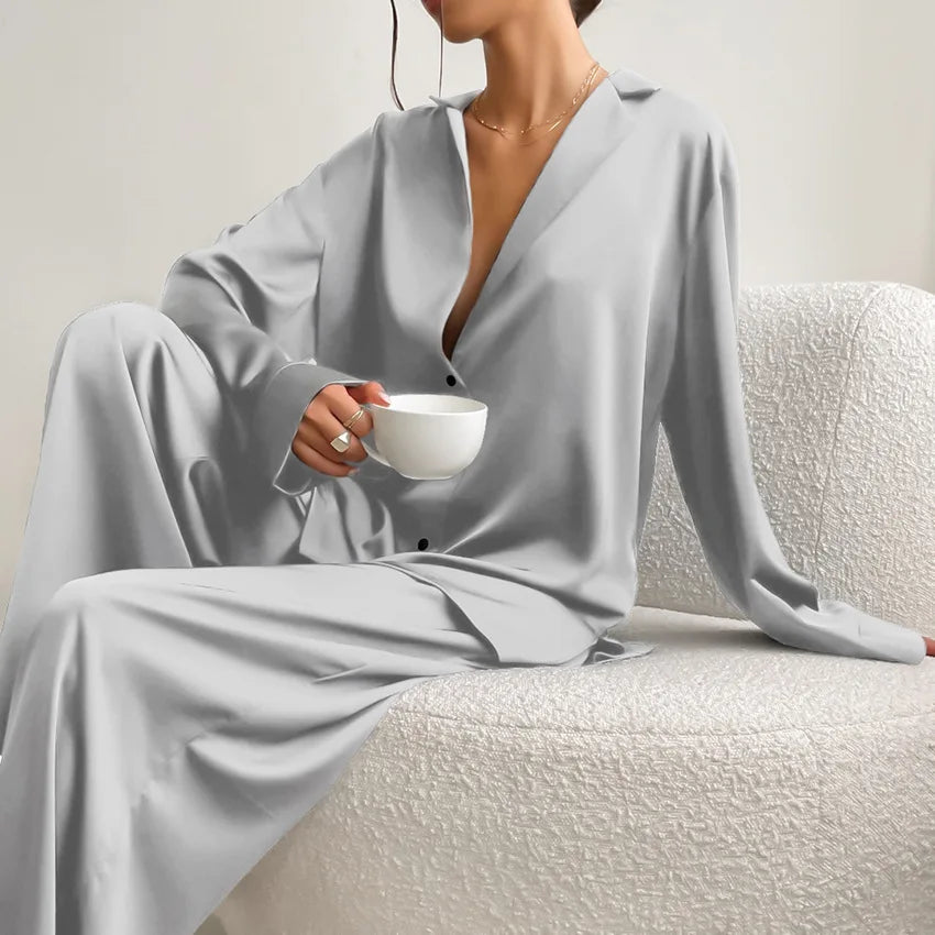 NHKDSASA Oversized Satin Silk Sleepwear Low Cut Sexy Pajamas For Women Single-Breasted Long Sleeves Wide Leg Pants Trouser Suits