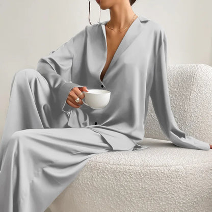 NHKDSASA Oversized Satin Silk Sleepwear Low Cut Sexy Pajamas For Women Single-Breasted Long Sleeves Wide Leg Pants Trouser Suits