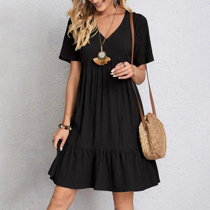 Summer Casual Women Elegant Short Sleeve V Neck Ruffles Dress Solid Loose Mini Dress Chic Bohemian Sundress Beach Party Vestidos Badiee Stylez