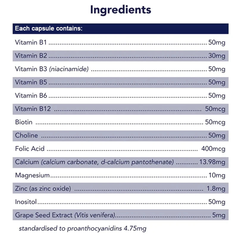 Vitamin B complex supplement with folic acid to support energy metabolism, immune system, heart health and improved digestion