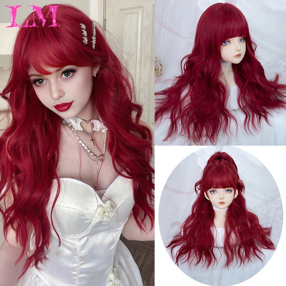 LM Long Silky Straight Synthetic Wigs with Bangs Black Cosplay Party Lolita Hair Wigs for Women Natural Heat Resistant Wig #60