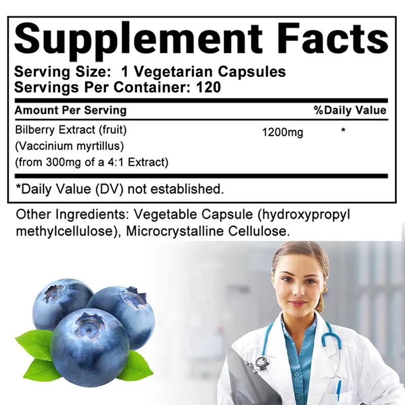 Bilberry Extract Supplement - Anthocyanins Antioxidants Vitamins Eye Support Heart Brain Skin Health