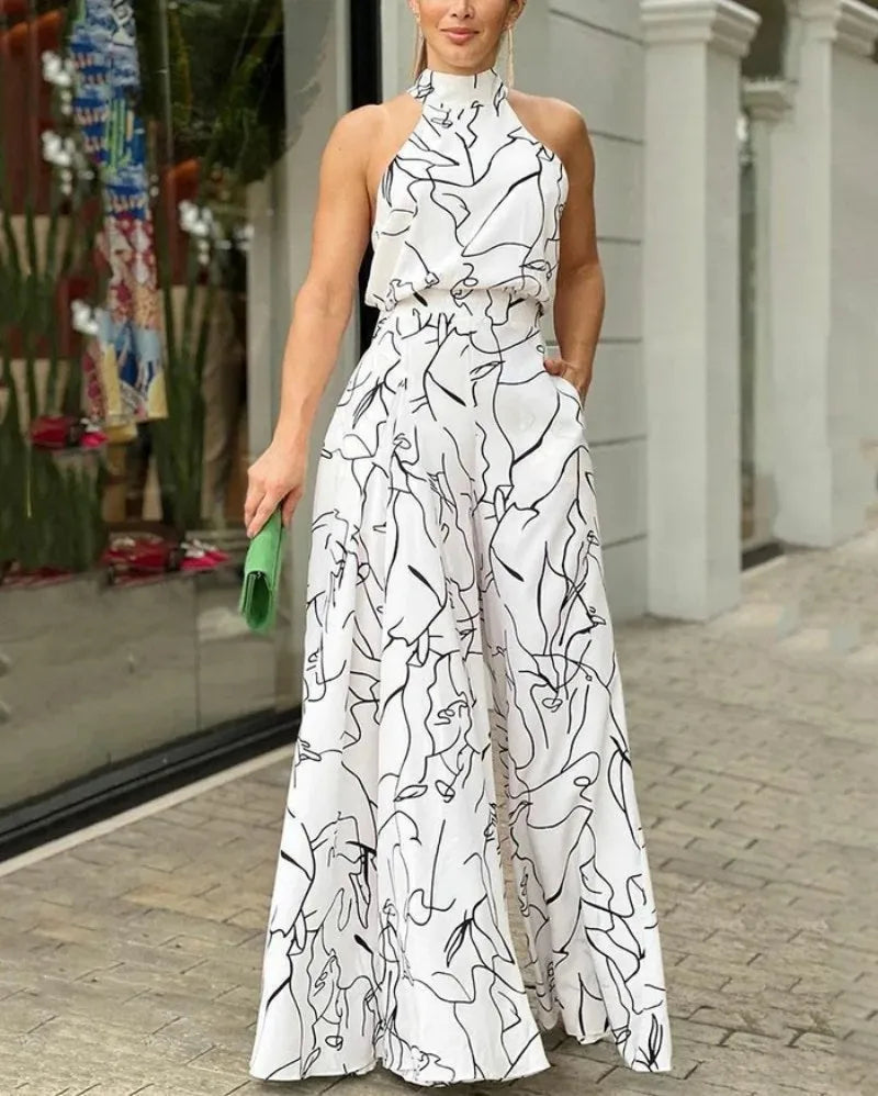 Summer women's geometric printed sleeveless pants with elegant temperament cinched waist tie up hanging neck style jumpsuit Badiee Stylez