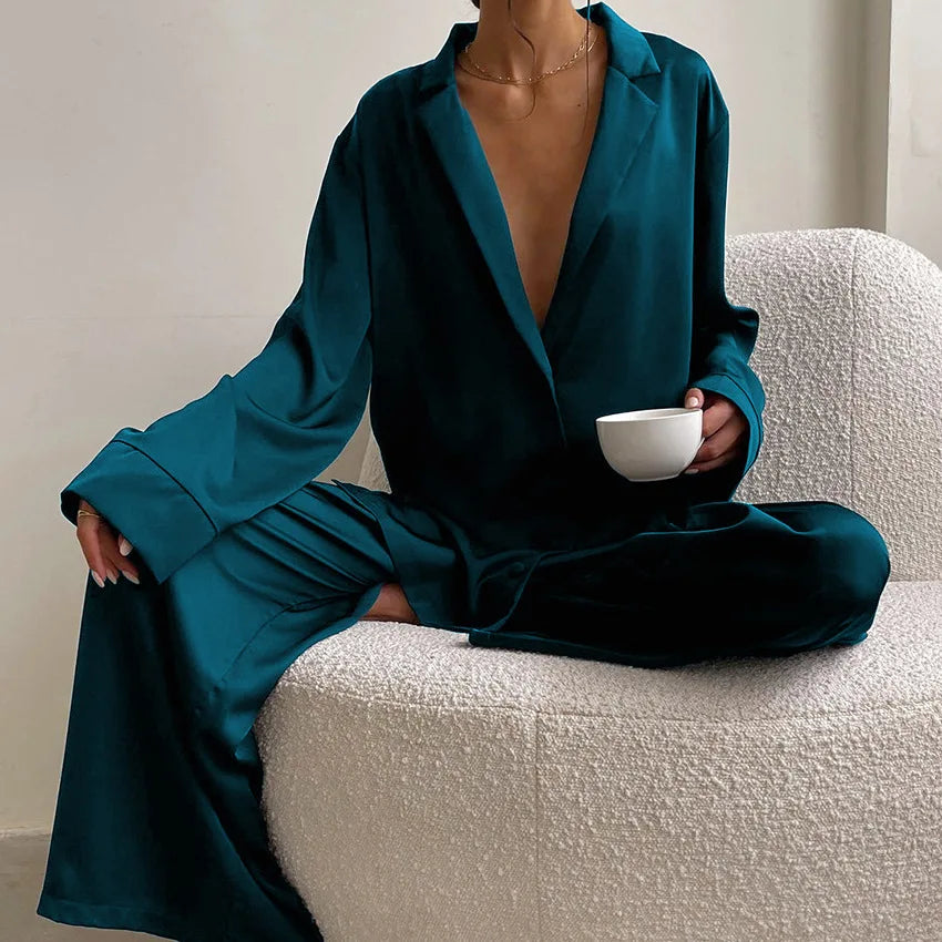 NHKDSASA Oversized Satin Silk Sleepwear Low Cut Sexy Pajamas For Women Single-Breasted Long Sleeves Wide Leg Pants Trouser Suits